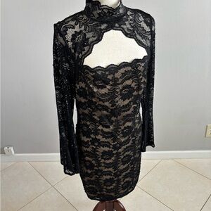 VENUS Black Lace Mini Dress with Nude Lining